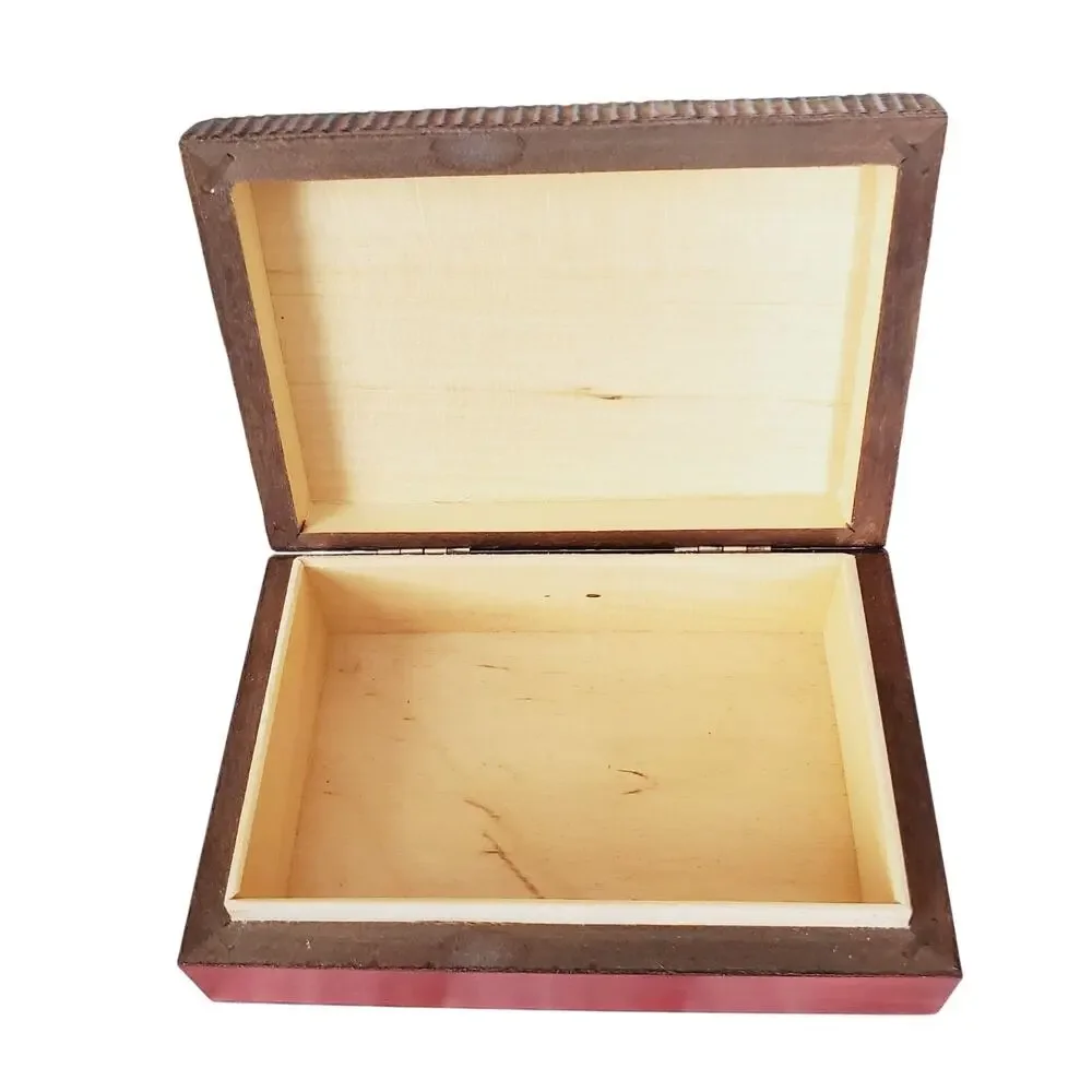 Vintage Wooden Jewelry Trinket Box Hand-Carved Hearts Folk Art Handmade Collect